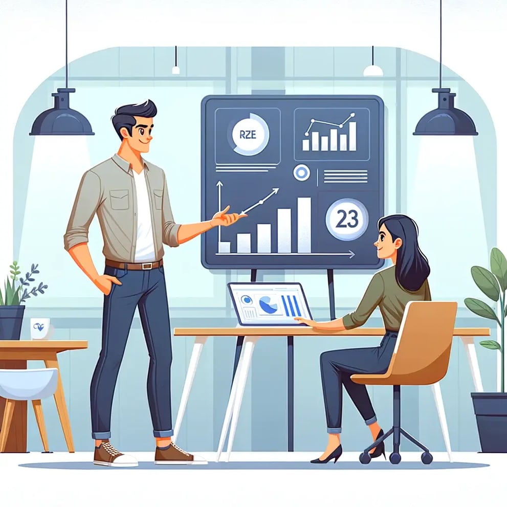 DALL·E 2024-05-28 14.37.39 - A cartoon image suitable for a RevOps consulting service website, styled like a modern flat design illustration. The scene shows two professionals in 