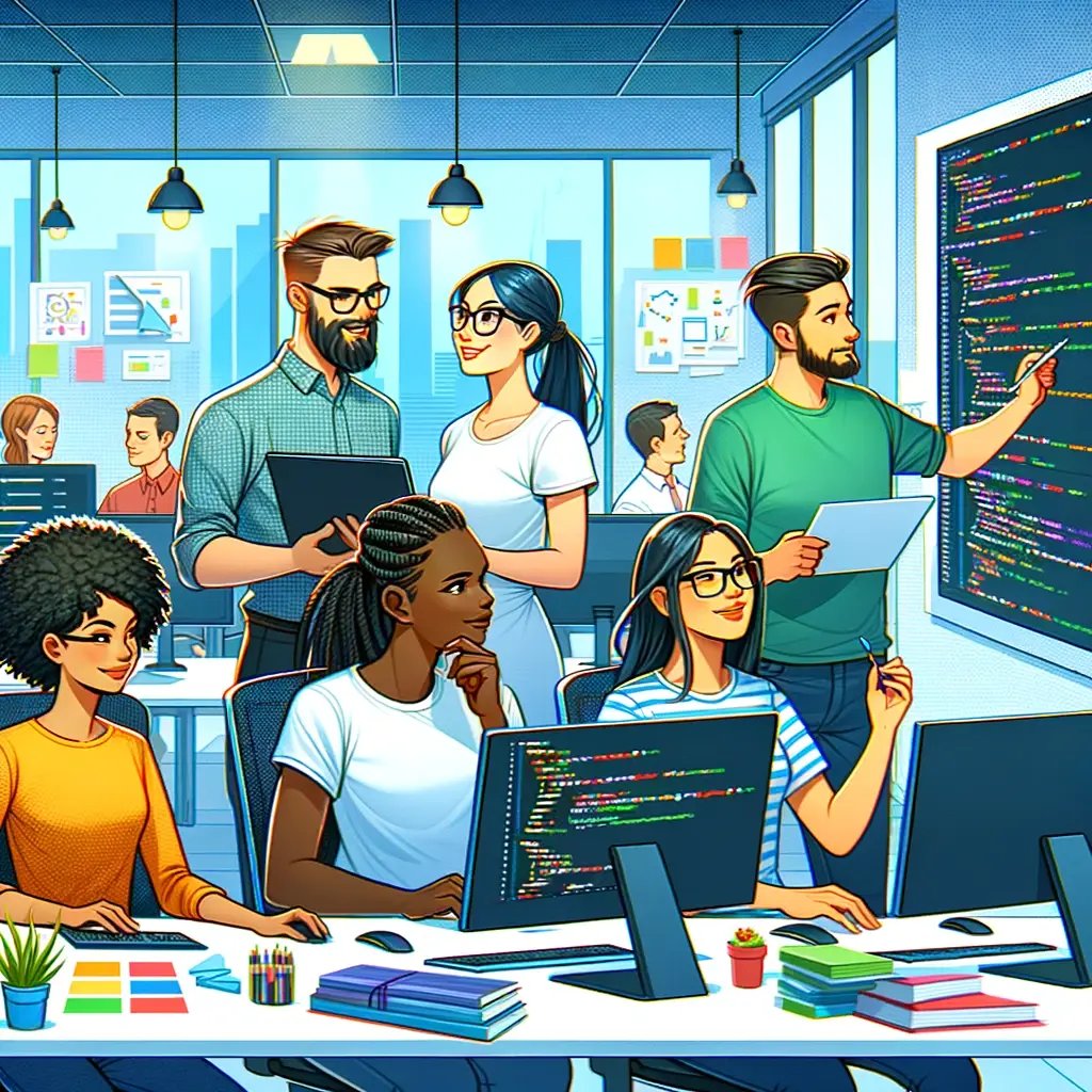 DALL·E 2024-05-28 14.40.46 - A cartoon image depicting a team of software developers working together in a modern tech office environment. The scene includes four diverse characte